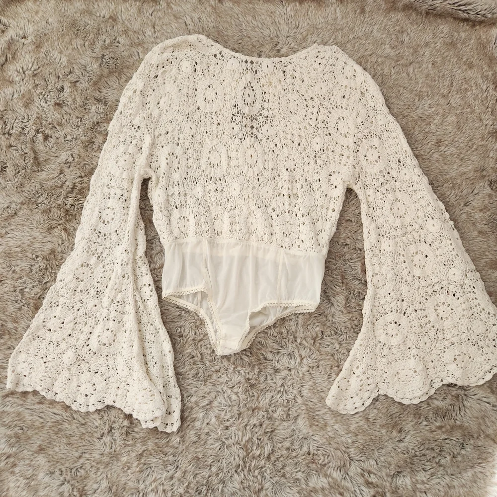 Free‎ People Desert Daze Crochet Bodysuit In Ivory White Womens Size Large